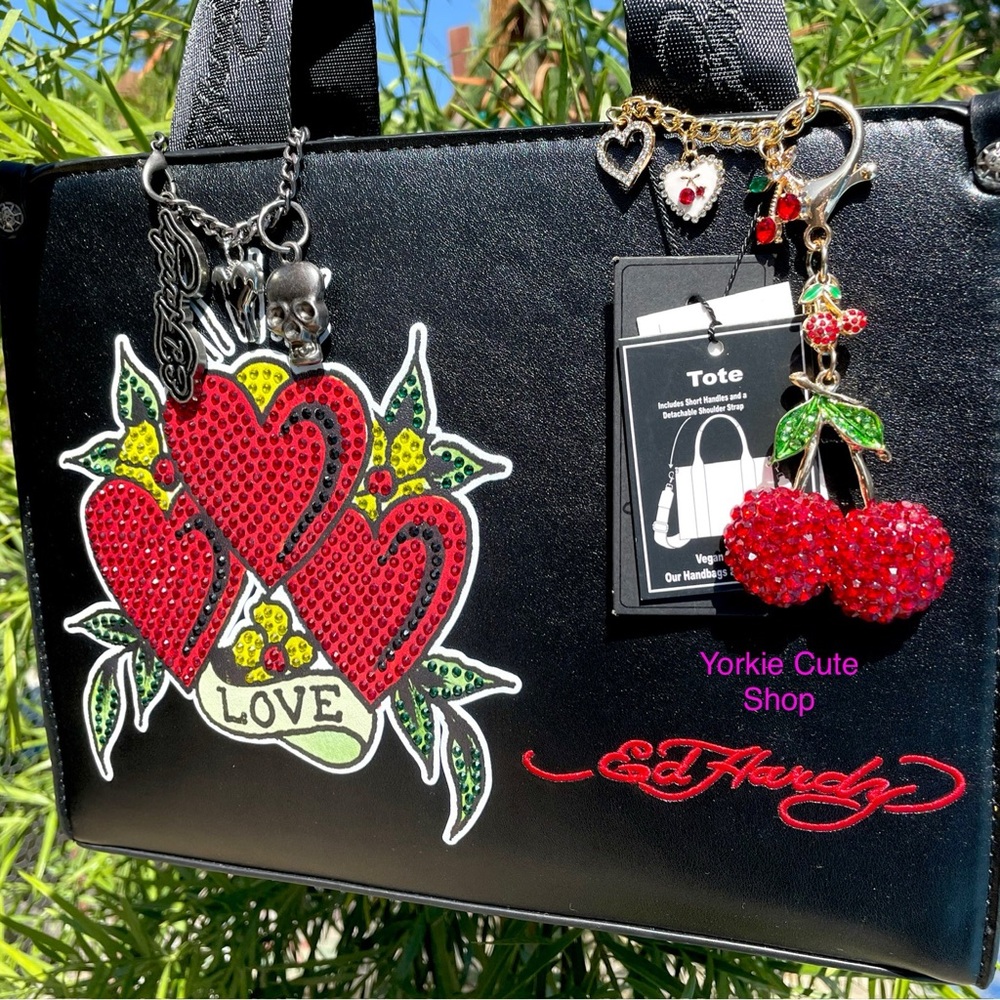 Ed Hardy Black Tote Bag with Heart Rhinestone Design and Accessories